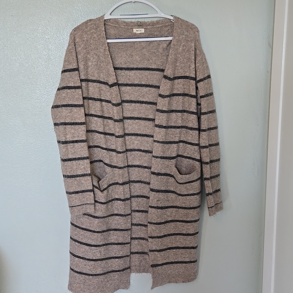 Debut | Tan Striped Fuzzy Cardigan Sweater Size Medium